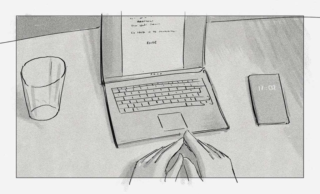 Hände vor Laptoptastatur mit letzter Seite eines Drehbuchs